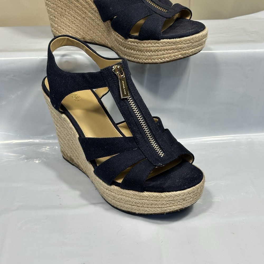 Michael MICHAEL KORS Berkley Wedge Platform Sandal Navy Canvas Zip US 10M